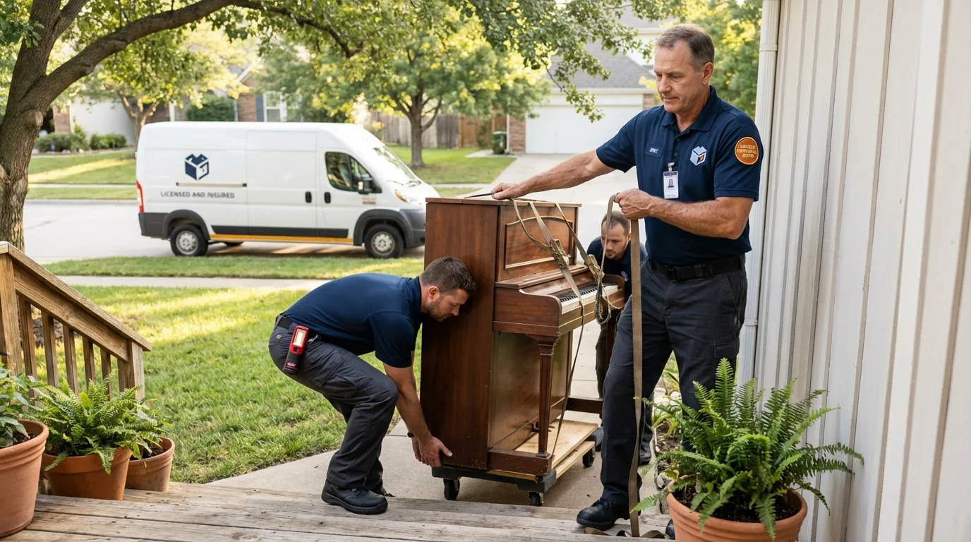 Licensed piano movers securing grand piano in California, MO