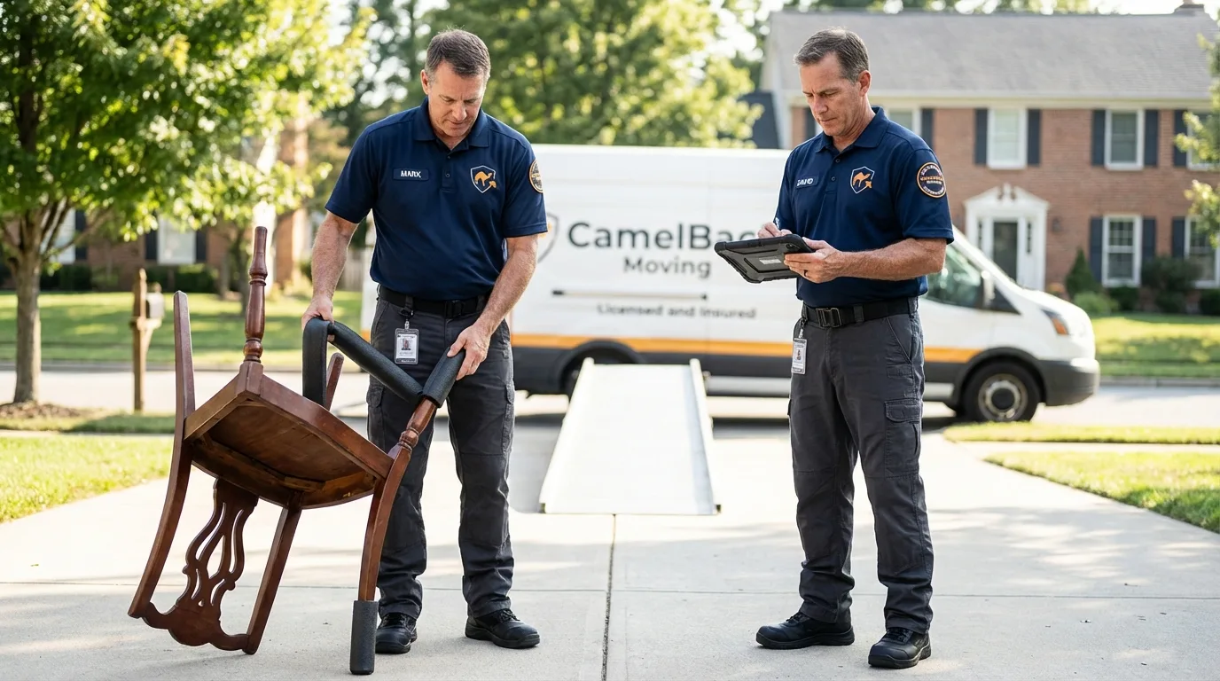 Movers inspecting furniture for damage prevention before loading in California, MO
